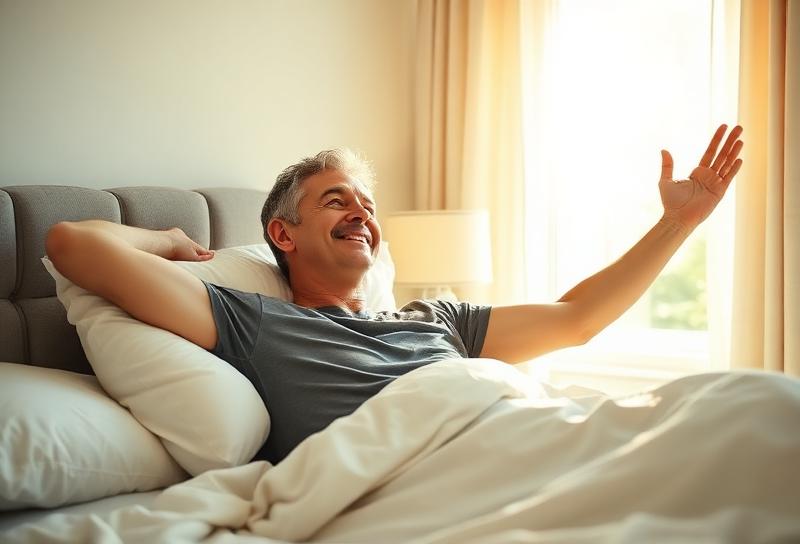 Man waking up refreshed after restful sleep